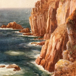 Stampa di Land&#39;s End, Cornovaglia, 1911 - Acquerello d&#39;epoca di E.W. Haslehust