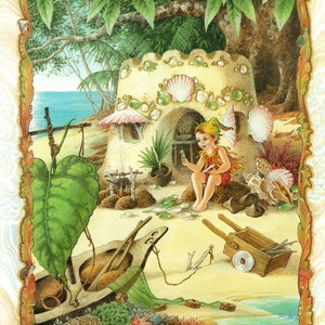May include: A whimsical illustration of a fairy sitting in front of a sandcastle-like structure decorated with seashells. The fairy is wearing a green hat and holding a small bottle. The scene is set on a beach with a wooden boat, a wheelbarrow, and coral reefs.