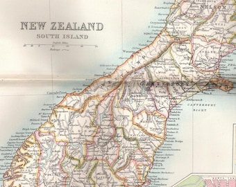 New Zealand South Island Map 1890 - J.G. Bartholomew - Antique Double‑Page Print