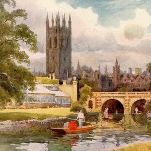 Magdalen College des années 1940 de Cherwell, Oxford, Angleterre Impression vintage originale - Cadeau unique