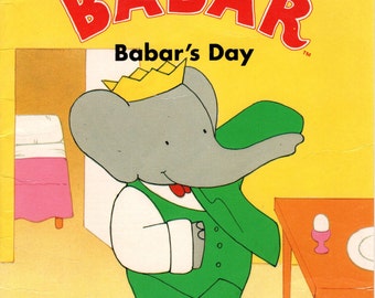 1990 Babar the Elephant Original vintage Print – Nursery Art - Baby Shower - Birthday - Delightfully Amusing Children’s Art (1)