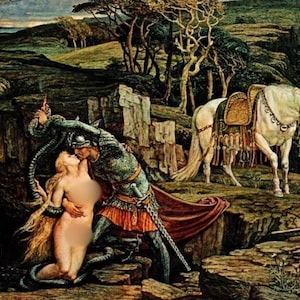 WALTER CRANE Oryginalny wydruk książki vintage „The Laidly Worm” – obraz prerafaelitów – wyjątkowy prezent