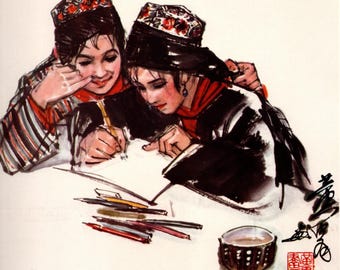 Huang Zhou originalboktryck | Kinesisk mästerkonstnär | Autentisk vintagekonsttallrik