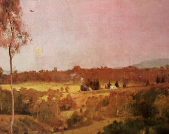 May include: A painting of a landscape with a single tree in the foreground. The sky is a soft pink and there is a small moon in the upper right corner. The trees in the background are a muted brown and green.