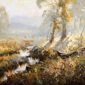 May include: An impressionistic landscape painting depicting a serene scene with a stream, trees, and a field. The artwork uses a warm color palette of browns, yellows, and greens, with soft lighting and visible brushstrokes, creating a tranquil atmosphere.