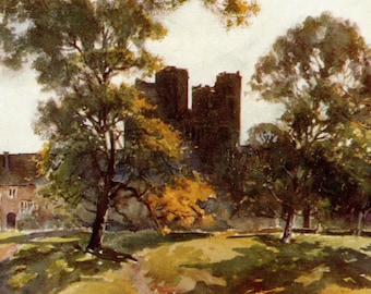 1915 Layer Marney Towers, Essex, Inglaterra. Grabado / Acuarela antigua original.