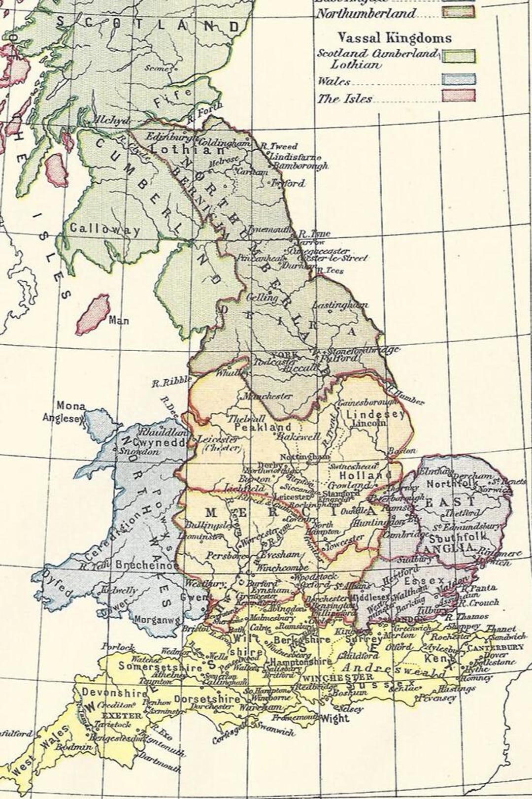 Antique Map England - Early Britain 597 & English Empire 10th–11th ...