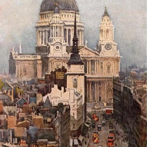 1924 London Vintage Print: St Paul&#39;s & Ludgate Hill Watercolour