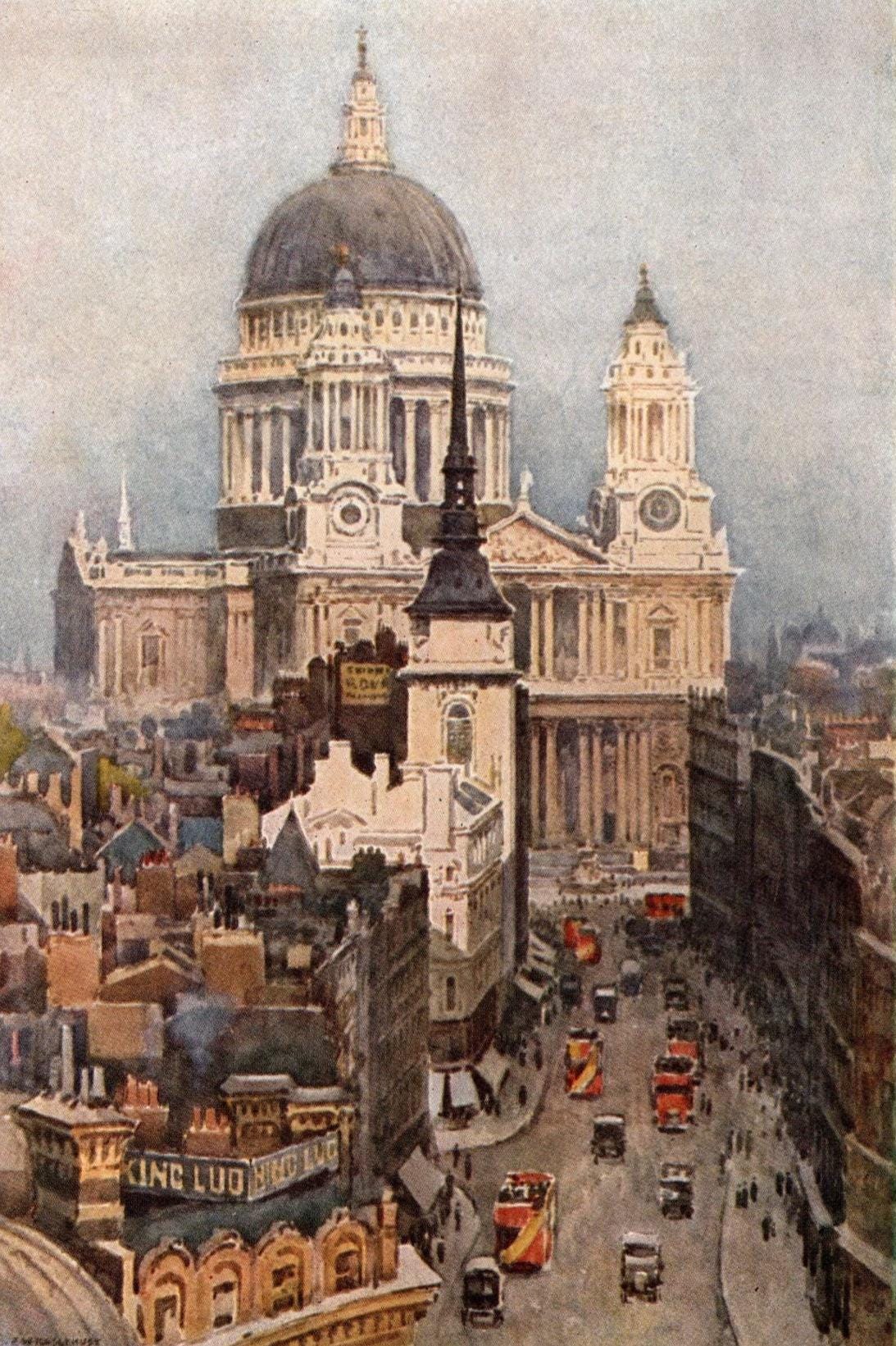 1924 London Vintage Print: St Paul's & Ludgate Hill Watercolour
