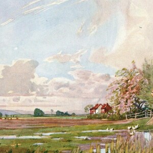 1936 Original Vintage Print – The Isle of Athenley, England – Somerset watercolour - Unique Gift