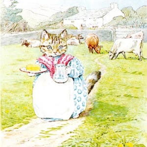May include: A watercolour illustration depicts a cat in a blue dress and white apron, carrying butter and a jug. Cows graze in a field with a farmhouse in the background. The cat wears a red and white shawl.