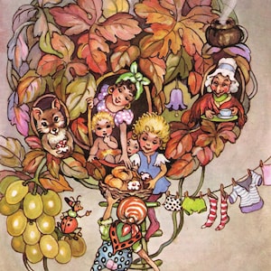 May include: A whimsical illustration of a treehouse with a family of fairies. The treehouse is made of leaves and vines, and there are clothes hanging on a line outside. The fairies are wearing colourful clothes and have wings. The illustration is in a vintage style and is perfect for a children's book or nursery decor.