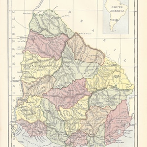 Antyczna mapa URUGWAJ, Ameryka Południowa z 9. edycji Encyklopedii Britannica 1875-1889 - oryginalny rzadki druk z XIX wieku - mapa wiktoriańska