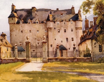 May include: Watercolor painting of a large castle with a tall tower and multiple smaller buildings. The castle is beige with a dark roof and small windows. A wrought iron gate and fence lead to the castle entrance.