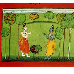 Antique Indian Print: 17th Century Monk Approaching Krishna