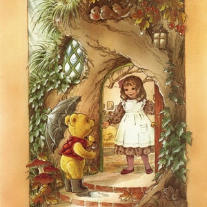 May include: A yellow teddy bear wearing a red waistcoat and holding an umbrella stands on a brick path outside a treehouse. A girl with long brown hair wearing a white dress and a pink bow stands in the doorway of the treehouse.