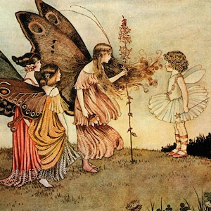 May include: Three fairies with butterfly wings stand in a field. One fairy with brown wings is talking to a smaller fairy with white wings. The other two fairies have blue and brown wings. The fairies are wearing dresses and have long hair.