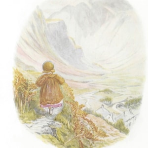 May include: A watercolor illustration of a young girl in a brown coat standing on a hilltop overlooking a valley with a village in the distance. The mountains in the background are covered in a light mist.