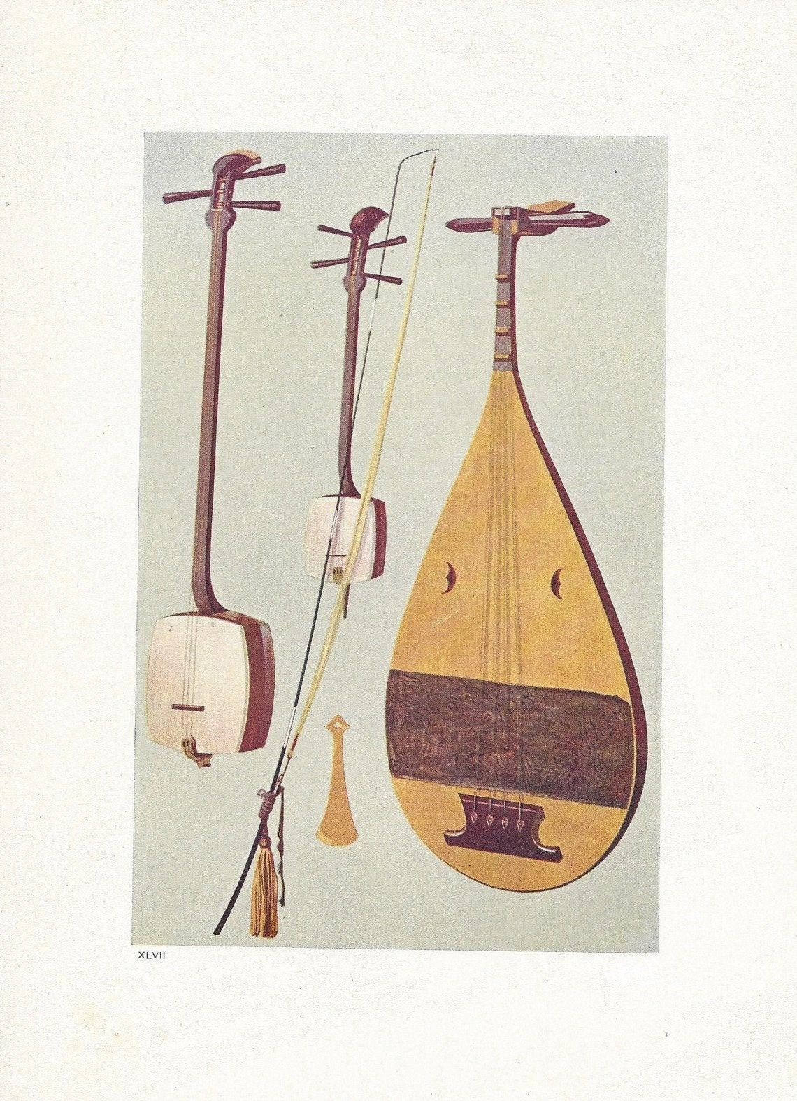 アンティーク日本の楽器版画、三味線古きう琵琶、1921 年リトグラフ