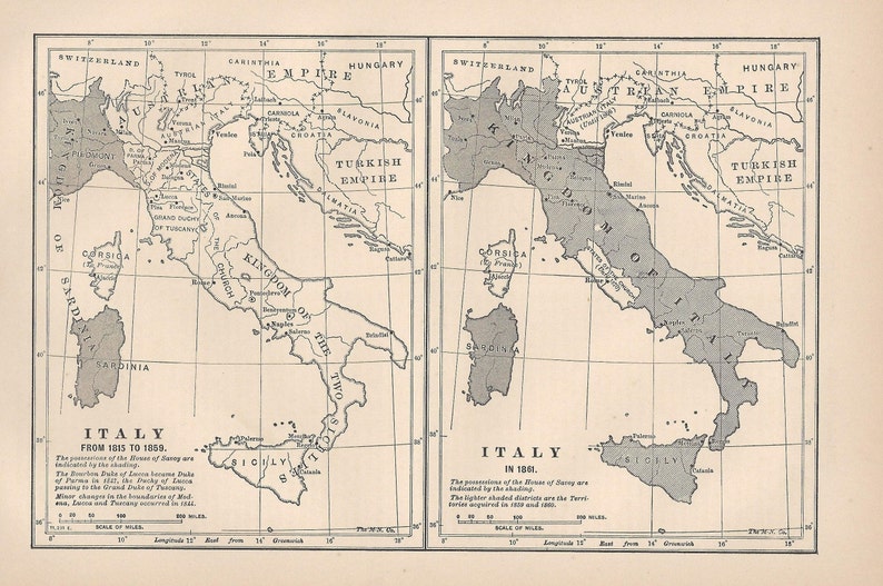 Antique Map ITALY 1851-1861 from 1901 \u201cHistory For Ready Reference\u201d original rare print \u2013 Edwardian era \u2013 Unique Gift