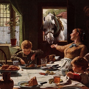 Puede incluir: Una pintura detallada representa una comida familiar en una habitación cálidamente iluminada. Un caballo blanco mira por una ventana. La escena incluye una mesa puesta con comida, un perro y varias personas, creando una sensación de vida doméstica.