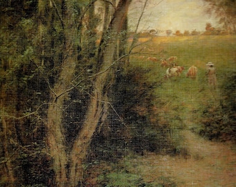 May include: An oil painting depicting a pastoral scene. A path leads through a forest to a field where cows graze. A person stands in the distance. The color palette is dominated by greens, browns, and yellows.