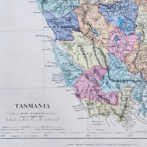 Carte de Tasmanie ancienne : impression cartographique originale de 1889