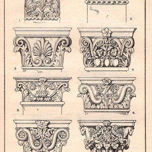 May include: An illustration of eight different pilaster capitals, each with unique ornate designs. The capitals are numbered and labeled as "The Pilaster Capital" with the plate number 132. The word "SUPPORTS" is at the top.