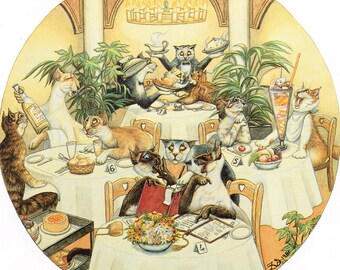 Vintage Cat Art Print – Zoe Stokes, Playful Felines at Dinner (1989)