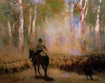 Oryginalny wydruk vintage Waltera Withersa – „The Drover, 1912” – australijska sztuka krajobrazowa