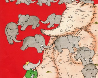 Babar the Elephant's Birthday Surprise - Original Large Vintage Print - Unique Gift - Nursery Children’s Wall Art