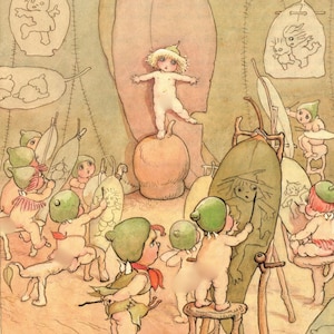Estampe vintage de May Gibbs sur le thème des noix de gommier : Conte de fées du bush australien
