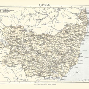 Antyczna mapa SUFFOLK, ANGLIA z 9. edycji Encyklopedii Britannica 1875-1889 - oryginalny rzadki druk z XIX wieku - mapa wiktoriańska - prezent