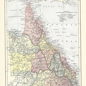 Antique Map QUEENSLAND, AUSTRALIE de la 9e édition Encyclopaedia Britannica 1875-1889 original rare 19ème siècle impression - cadeau unique