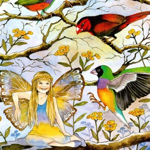 May include: A watercolour illustration featuring a smiling figure with large butterfly wings, wearing a blue and yellow dress, sitting among brown tree branches. Three colourful birds are perched nearby, surrounded by small yellow flowers.