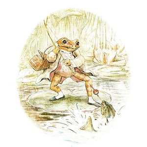 May include: A cartoon frog wearing a waistcoat and holding a fishing rod with a red bobber. The frog is standing on a lily pad in a pond. A fish is jumping out of the water, caught on the hook.