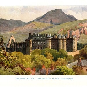 Gravura antiga do Palácio de Holyrood: Edimburgo, Escócia, Arthur&#39;s Seat, 1922