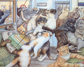 Zoe Stokes Playful Cat Art Print – Original 1989 Vintage Lithograph