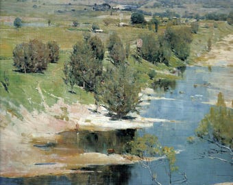 May include: A painting of a landscape with a river winding through a valley. The river is a light blue color and the valley is green with trees lining the banks. The sky is a light gray color and there are mountains in the distance.