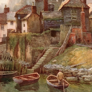 Stampa d&#39;epoca del porto di Newlyn - Acquerello della Riviera della Cornovaglia del 1911