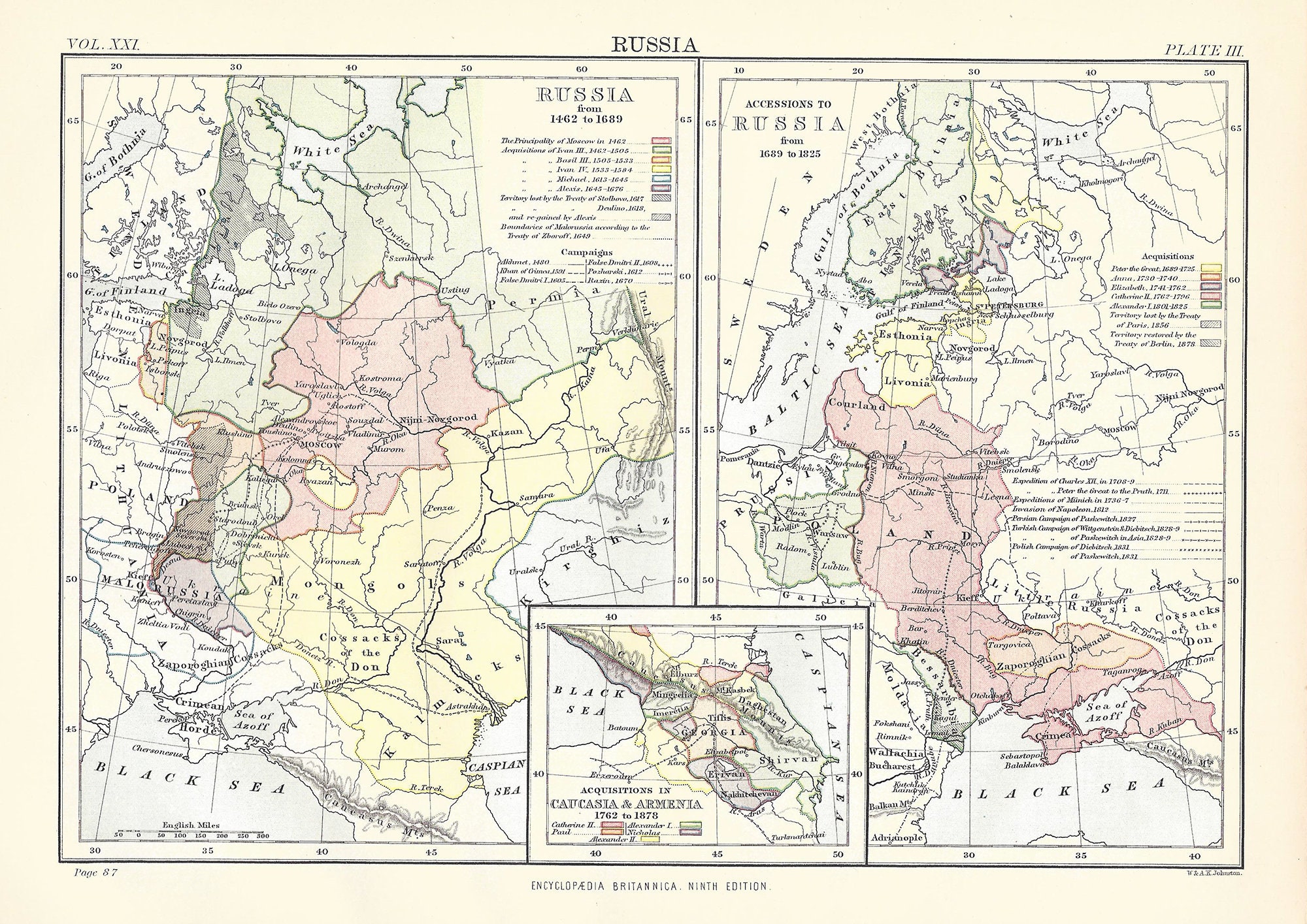 アンティーク地図 ロシア 1462-1878、第 9 版ブリタニカ百科事典