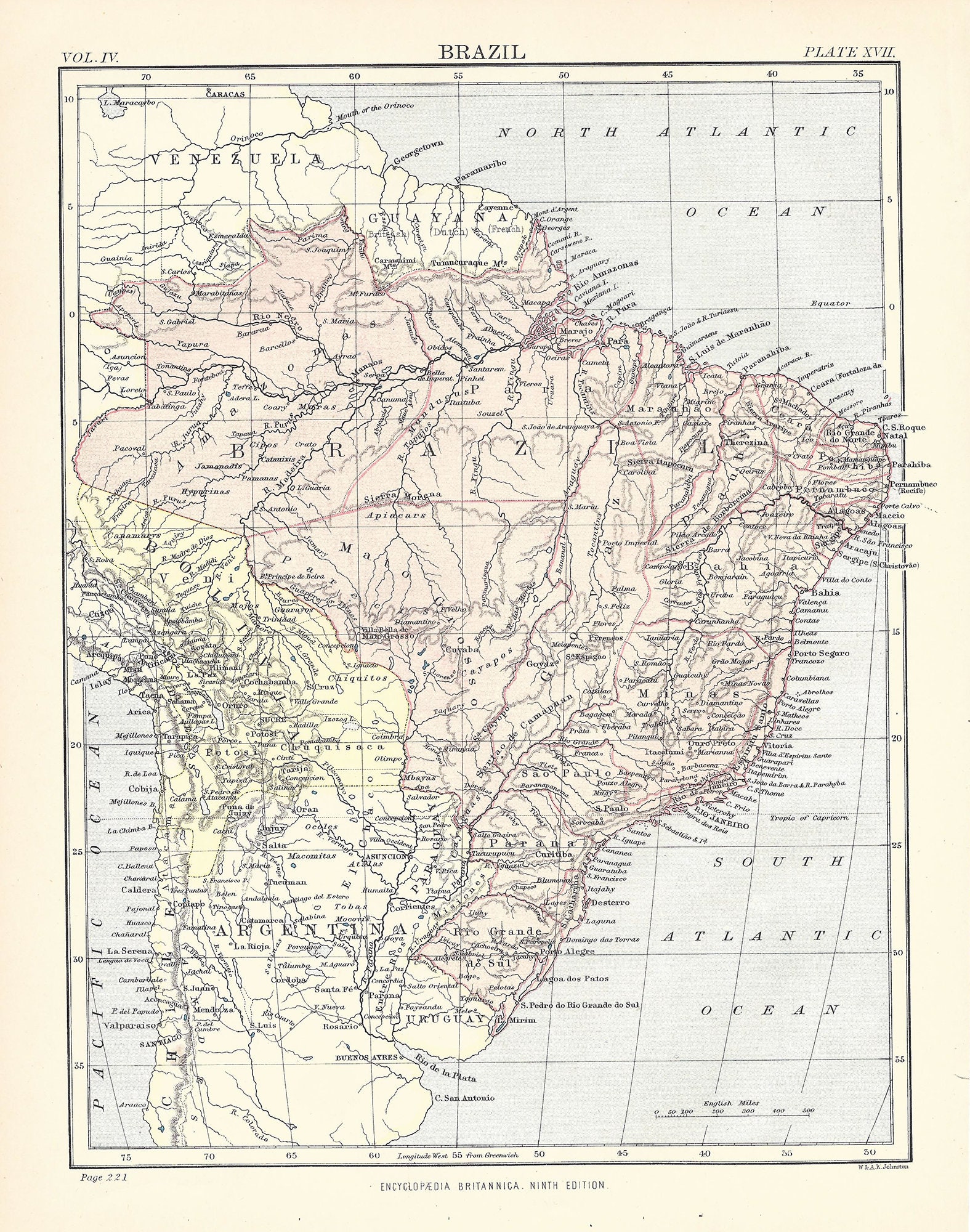 Antique Brazil Map Print: 1875 Encyclopaedia Britannica, South America