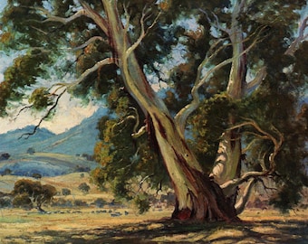 Impression recto verso vintage Leonard Long | « The Big Gum, Bullio » et « Afternoon in the Hills » | Artiste australien