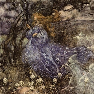 Impression vintage d&#39;Arthur Rackham « Rip Van Winkle » : Art de conte de fées 1974