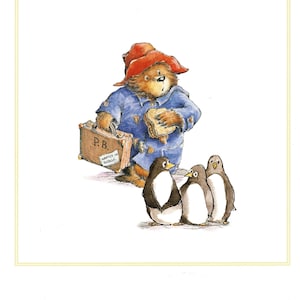 May include: A brown bear wearing a blue jacket and a red hat holds a suitcase with the label "P.B. WANTED ON VOYAGE" and a sandwich. Three penguins stand in front of the bear.