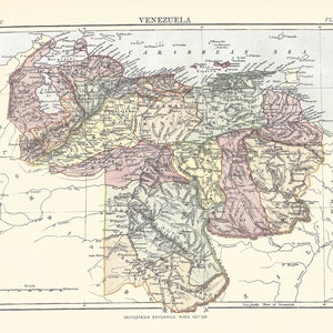 Antyczna mapa WENEZUELA, Ameryka Południowa z 9. edycji Encyklopedii Britannica 1875-1889 - oryginalny rzadki druk z XIX wieku - mapa wiktoriańska