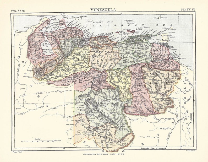 Antique Map VENEZUELA, South America from 9th Edition Encyclopaedia Britannica 1875-1889 original rare 19th century print Victorian map image 1