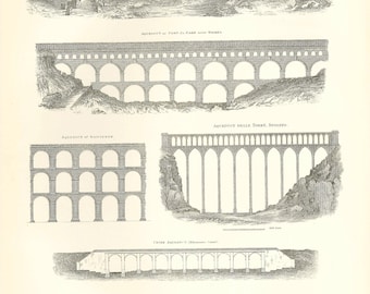 Antique AQUEDUCT Rare Print 1870s - lithograph from 9th Edition Encyclopaedia Britannica - historic authentic print - UNIQUE GIFT