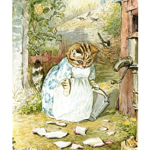 May include: A brown and white tabby cat wearing a blue and white dress is standing in a garden setting. The cat is holding a metal bucket and looking down at broken pieces of a white ceramic plate on the ground. The text "SO THERE REALLY WAS A PATTY-PAN" is printed at the bottom of the image.