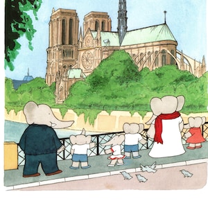 Babar der Elefant Original großer 2-seitiger Druck – Babars Welttournee, Paris - Vintage Geschenk für das Kinderzimmer